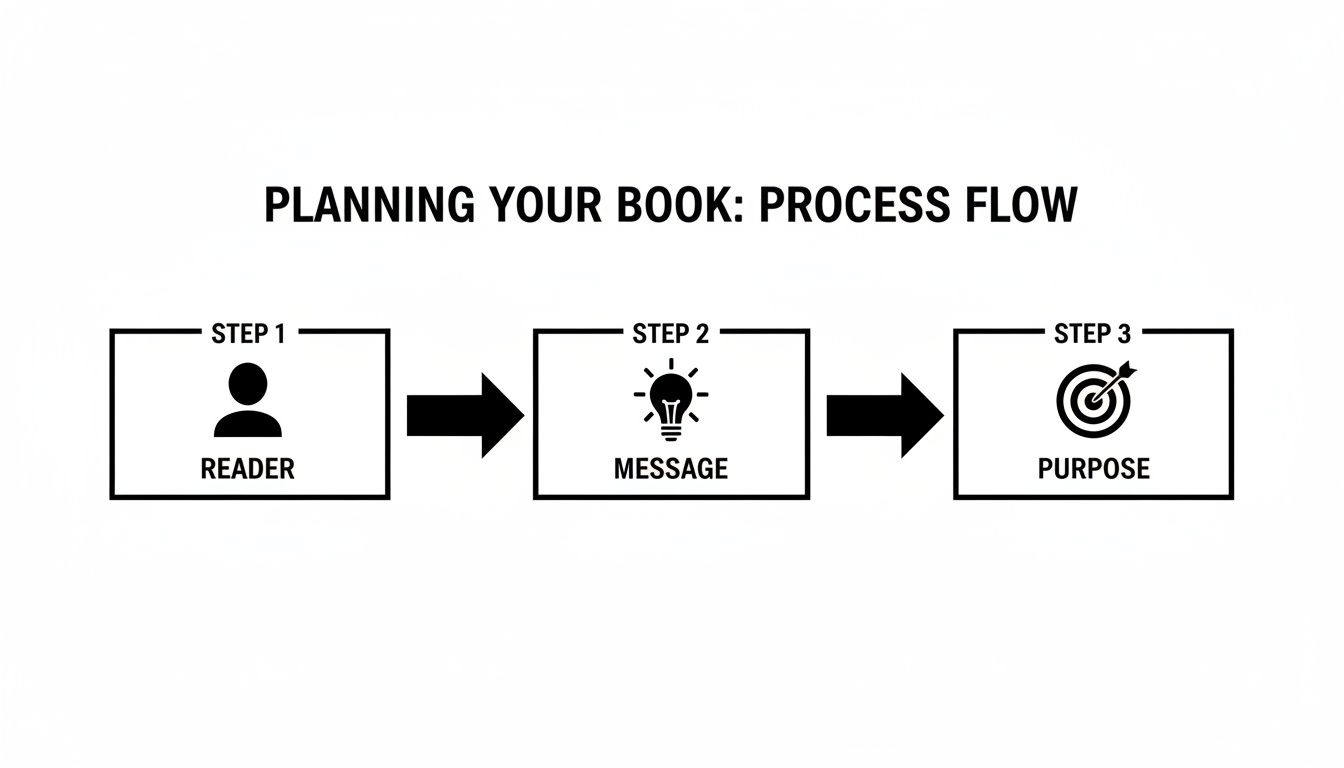 A process flow diagram showing three steps for planning a book: Reader, Message, and Purpose.