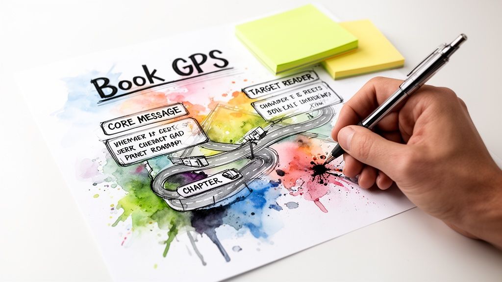 Close-up of a hand sketching a 'Book GPS' diagram on paper, surrounded by vibrant watercolor art.