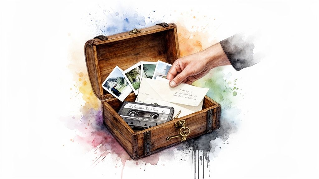 A hand places old letters and photos into a wooden memory box with a cassette tape and key.