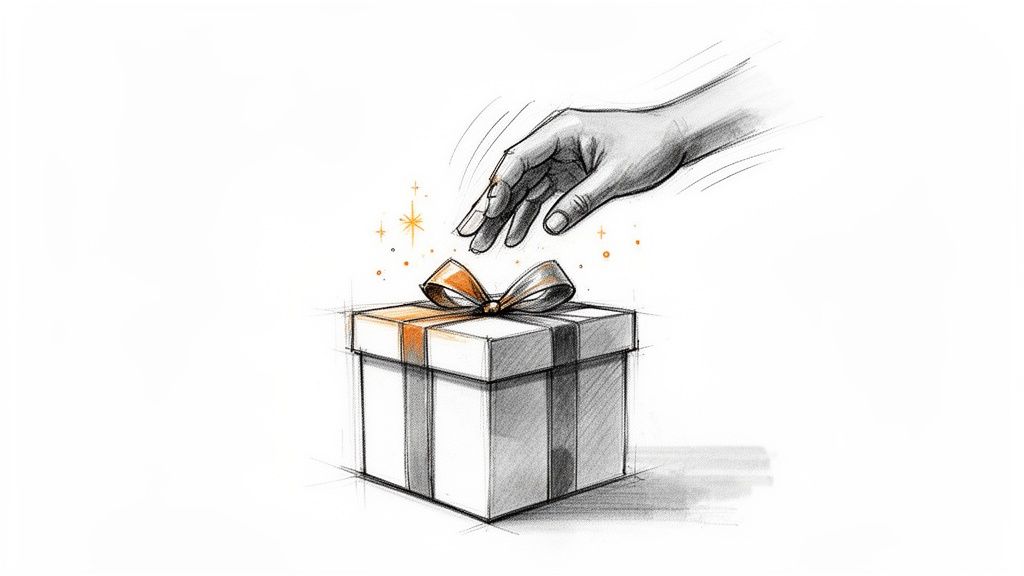 A hand reaches over a sketched gift box with an orange ribbon and golden sparkles.