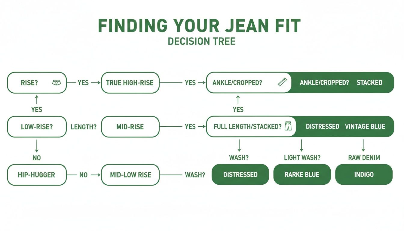Decision tree flowchart guiding users to find their ideal jean fit based on rise, length, and wash.