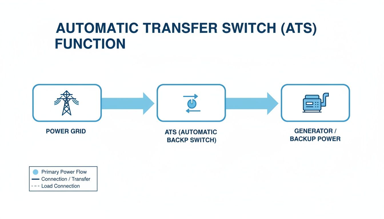 Diagram showing an Automatic Transfer Switch (ATS) connecting a power grid to a backup generator.