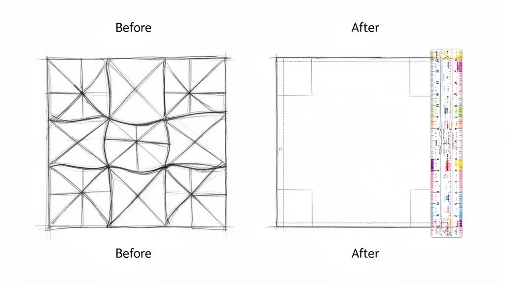 Comparison of a freehand quilt pattern 'Before' and a squared-up, measured block 'After' with a ruler.