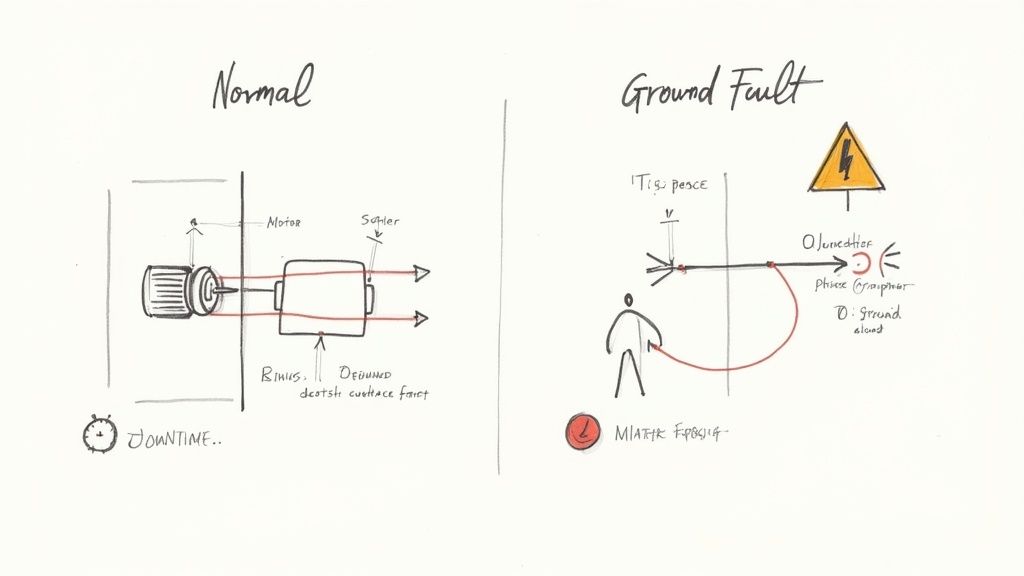 A diagram comparing normal motor operation with a dangerous electrical ground fault scenario showing current path.