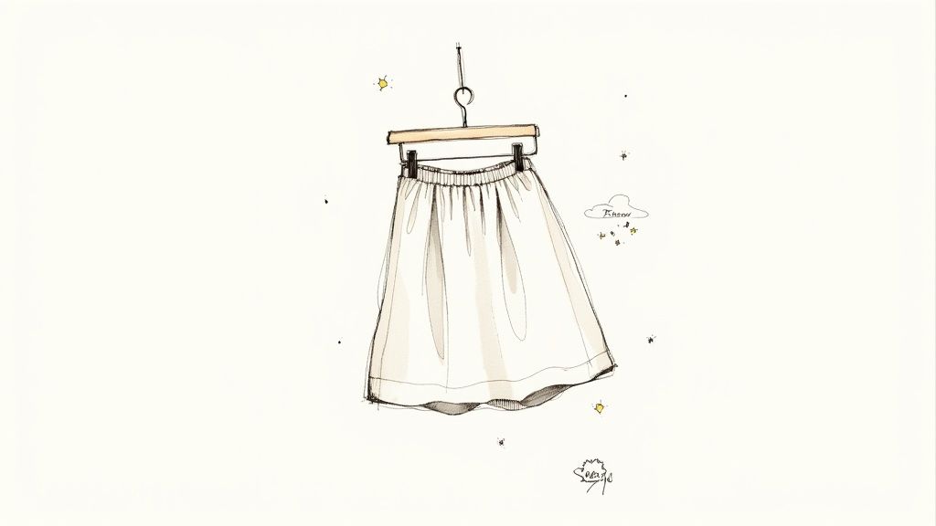 Watercolor illustration of a white flowing linen mini skirt hanging on wooden hanger
