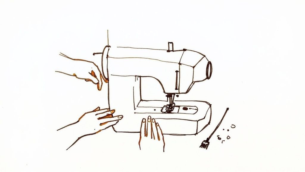 A crafter looking thoughtfully at a sewing machine