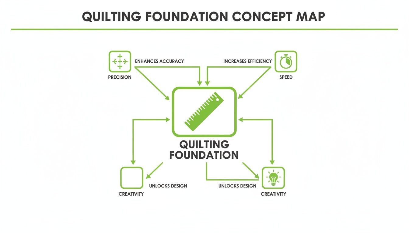 Concept map illustrating how Quilting Foundation enhances accuracy, increases efficiency, and unlocks design for creativity.