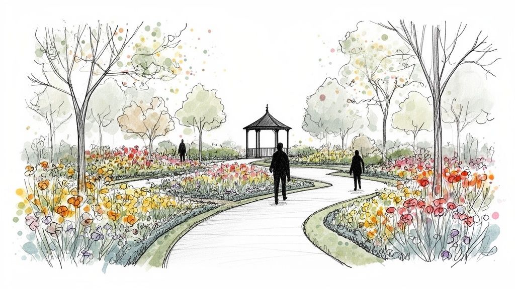 A watercolor drawing of a vibrant garden with colorful flowers, trees, a gazebo, and people walking along winding paths.