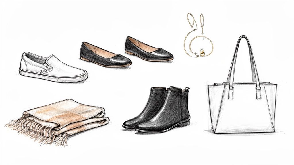 A curated collection of essential travel accessories, including white sneakers, black flats, ankle boots, a plaid scarf, and a white tote bag with gold jewelry.