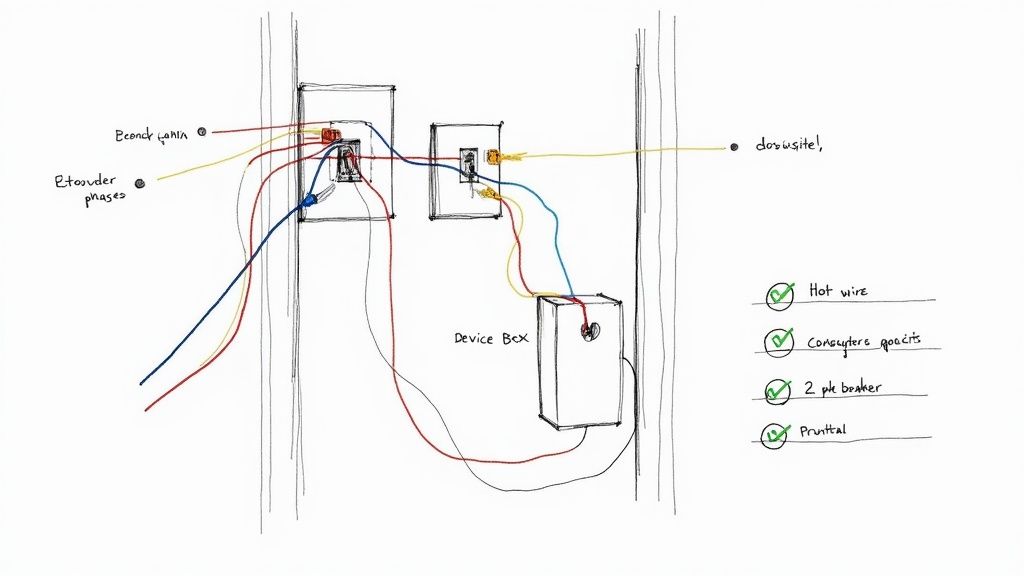 A hand-drawn diagram illustrating multi-wire branch circuits with junction boxes, a device box, and color-coded wires.