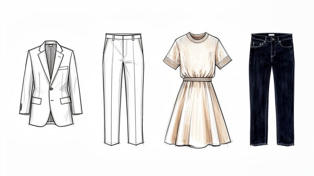 Fashion illustrations featuring a white blazer, white trousers, a beige dress, and dark blue jeans.