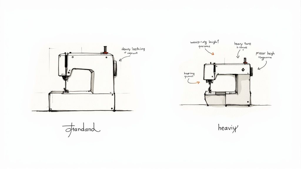 Illustration comparing standard and heavy-duty sewing machines for different material thicknesses, with annotations.
