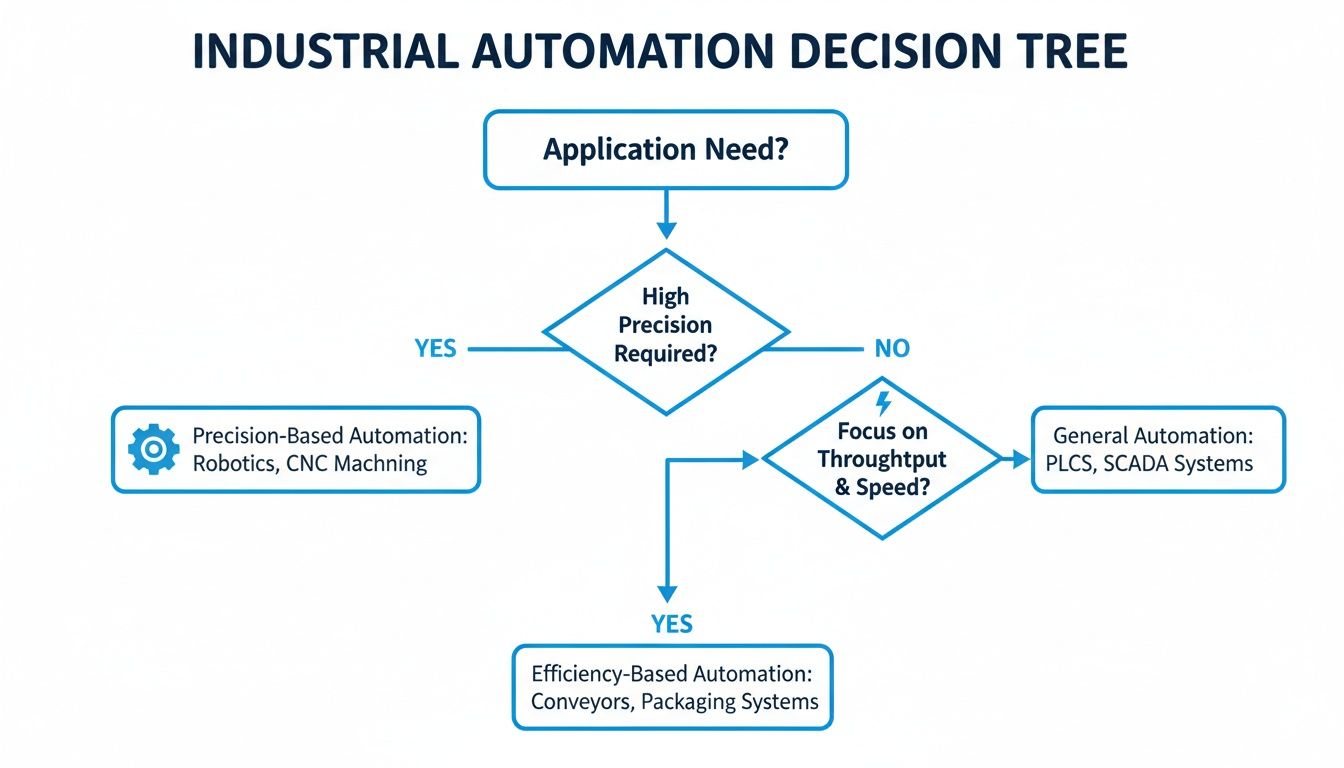 Flowchart showing industrial automation decision based on precision, throughput, and speed requirements.