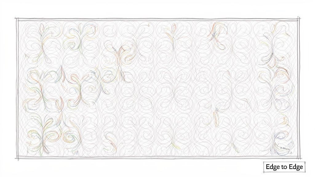 Sketch of an edge-to-edge quilt pattern featuring intricate swirling lines and colorful decorative motifs.