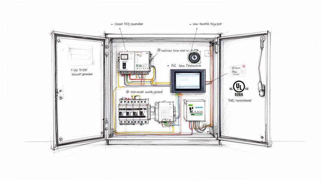 Detailed sketch of an open industrial electrical control panel showing a PLC, controller, circuit breakers, and wiring.