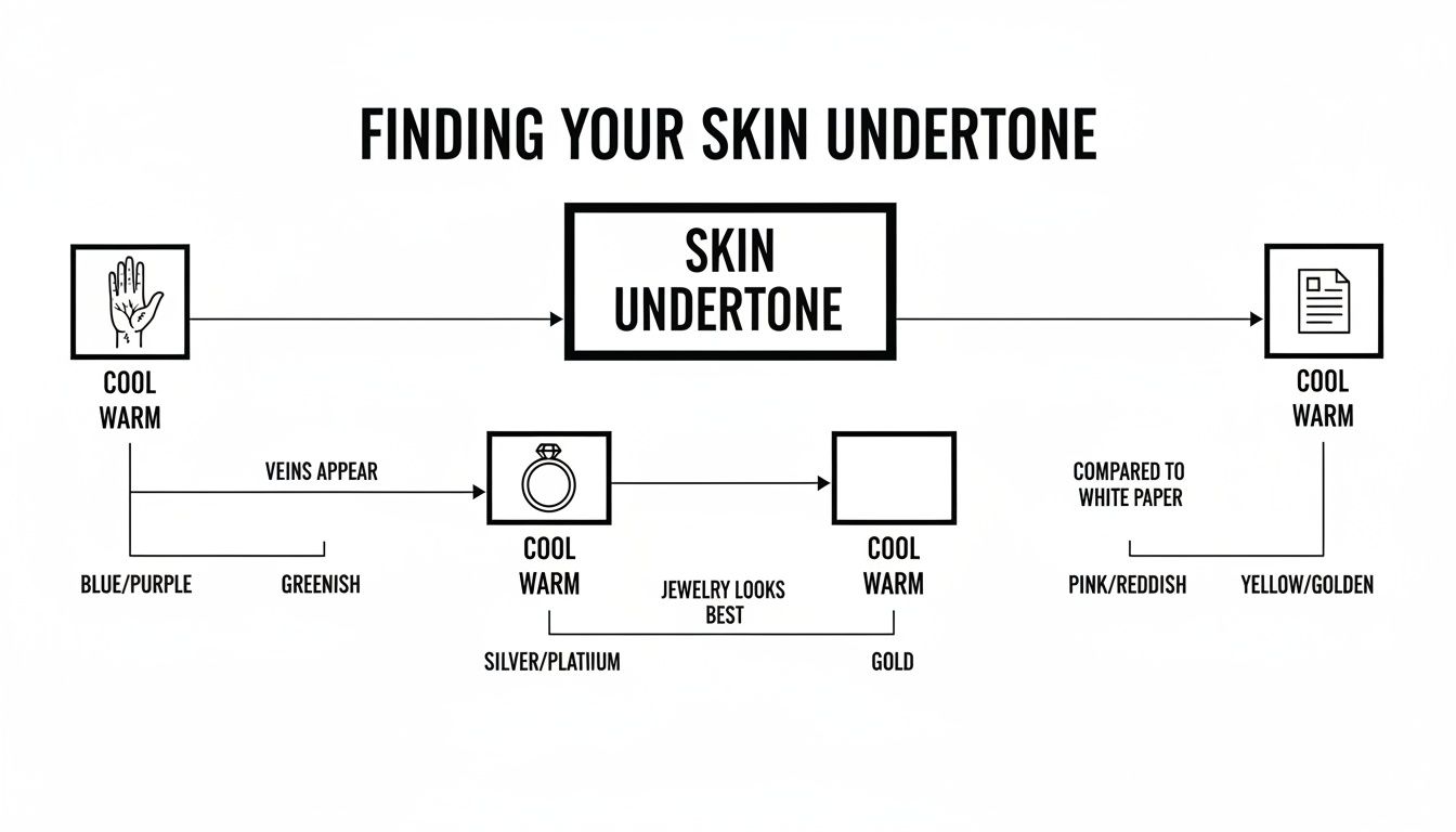 A flowchart guide to finding your skin undertone (cool or warm) based on vein color, jewelry, and skin comparison.