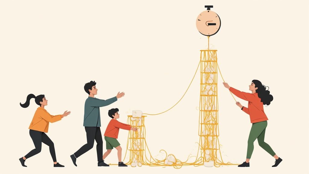 A team, including two adults and two children, collaborates to build a tall spaghetti and marshmallow tower.