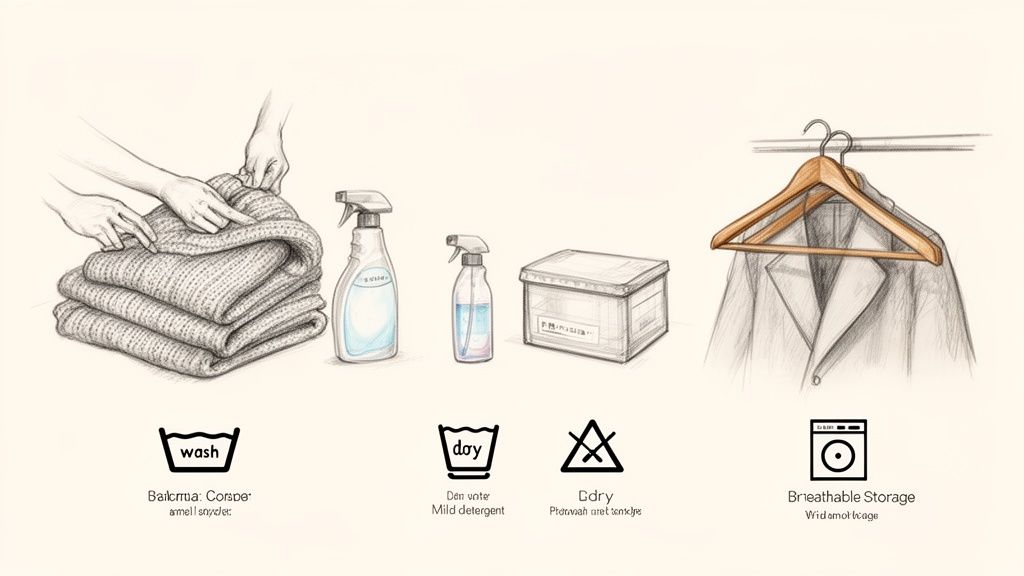 Hand-drawn guide to proper clothing care, including washing, drying, and storage techniques.