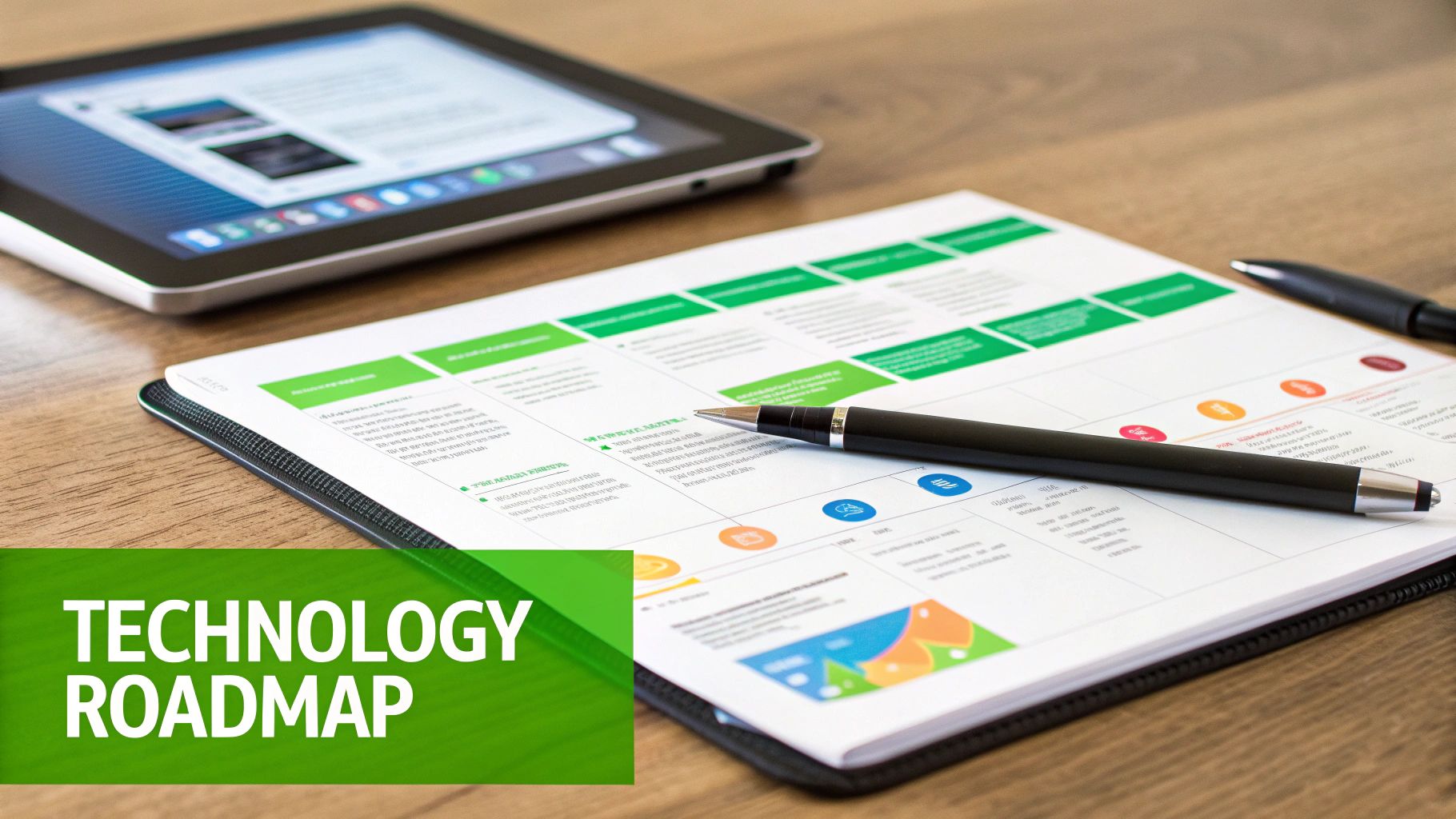 A technology roadmap document with a pen and tablet on a wooden desk, ideal for strategic planning.