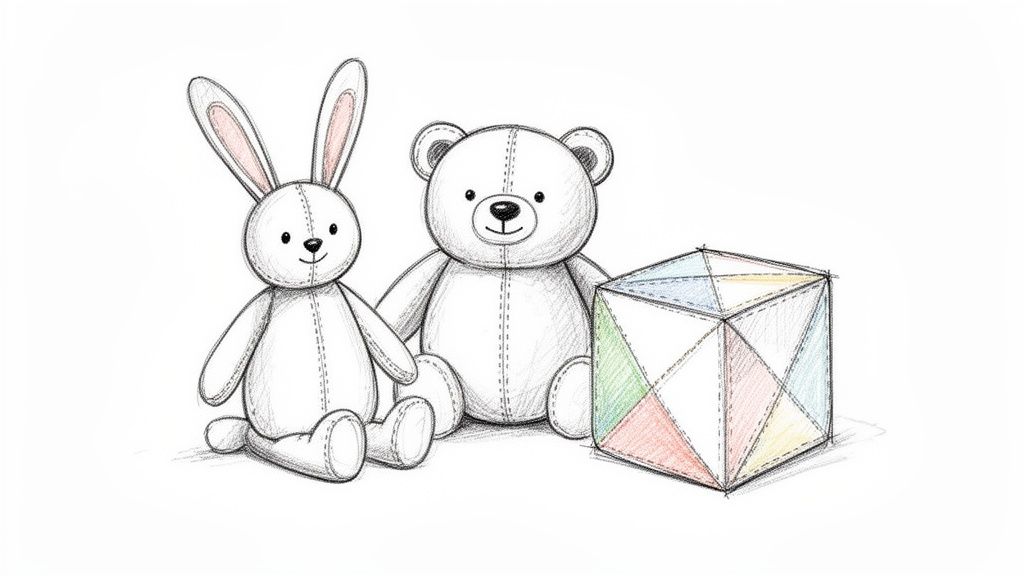 A hand-drawn illustration featuring a stuffed bunny, teddy bear, and a colorful geometric block.