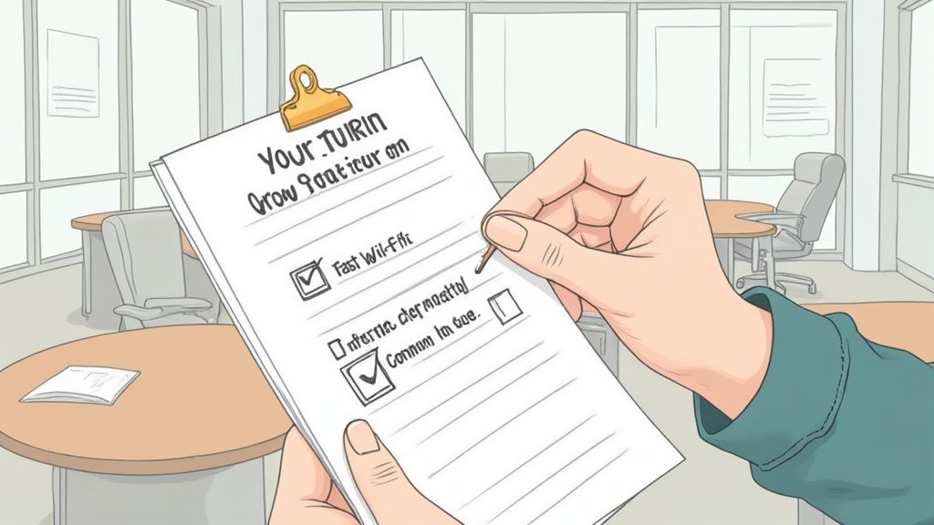 A hand holds a clipboard with a checklist in an office, checking off business tasks.