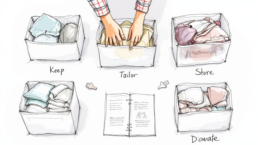 A woman sorting through clothes on her bed, conducting a personal style audit.