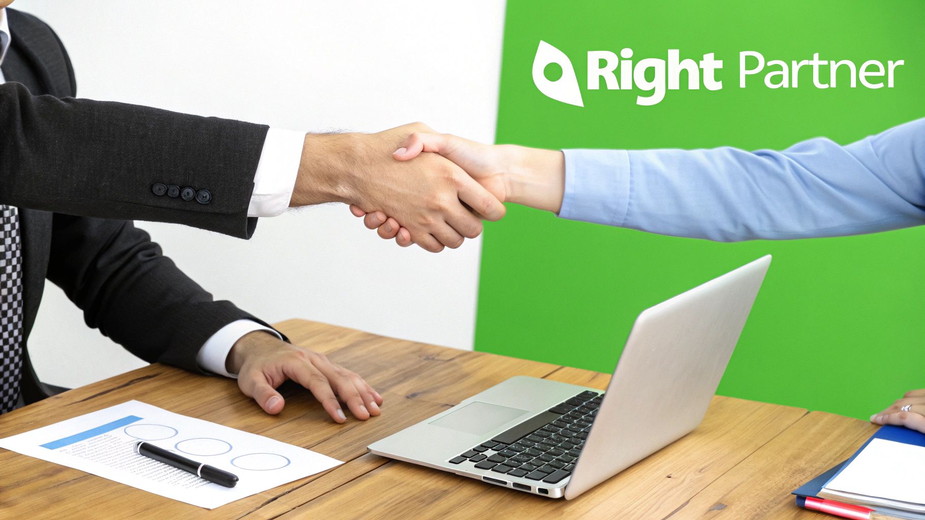 Two business people shaking hands over a desk with a laptop and documents, symbolizing partnership.