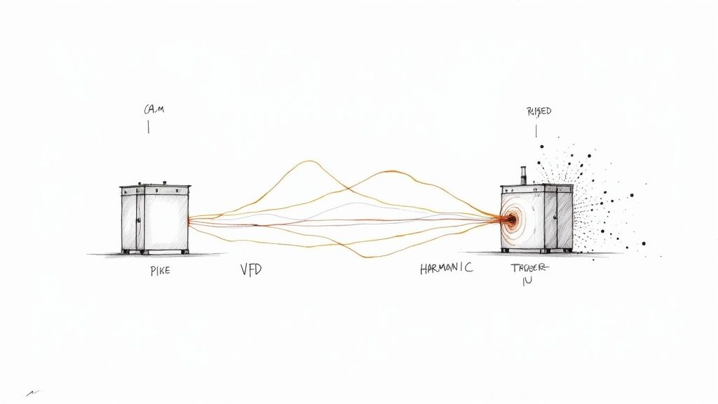 A diagram illustrates two electrical cabinets connected by wavy lines, representing VFD and harmonic distortion effects.