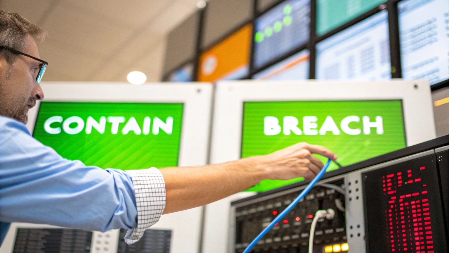 A cybersecurity expert managing a data breach incident, connecting wires near 'CONTAIN' and 'BREACH' screens.