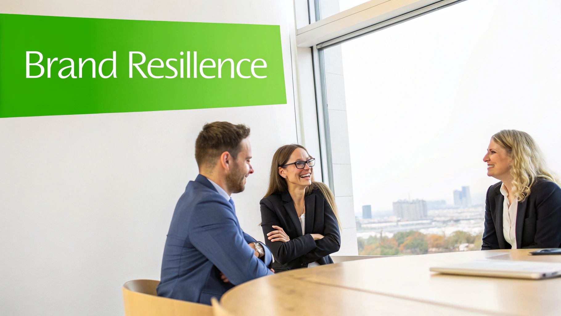 Three business professionals smiling and discussing at a table with a 'Brand Resilience' sign.