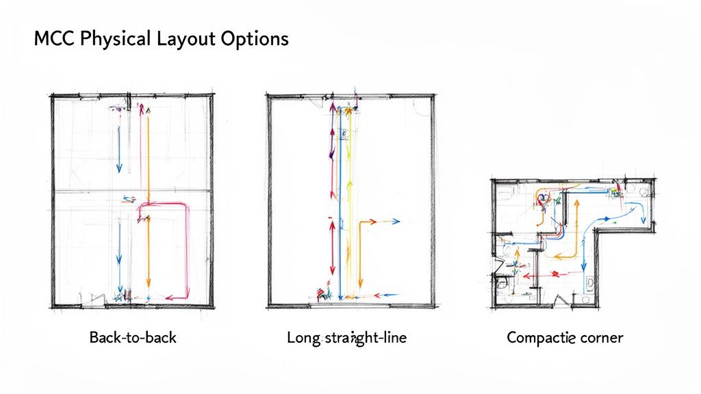 Diagrams showing three MCC physical layout options: back-to-back, long straight-line, and compactic corner, with flow arrows.