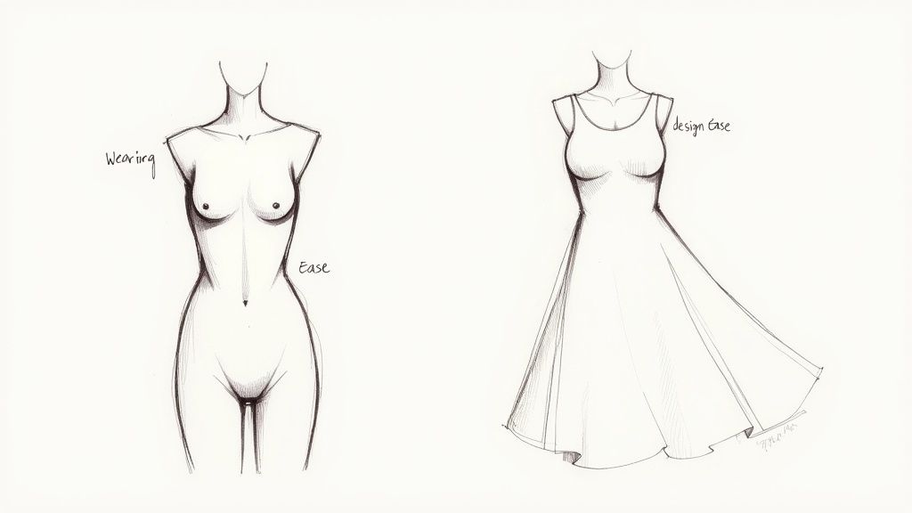 A diagram illustrating the difference between wearing ease and design ease on a garment.