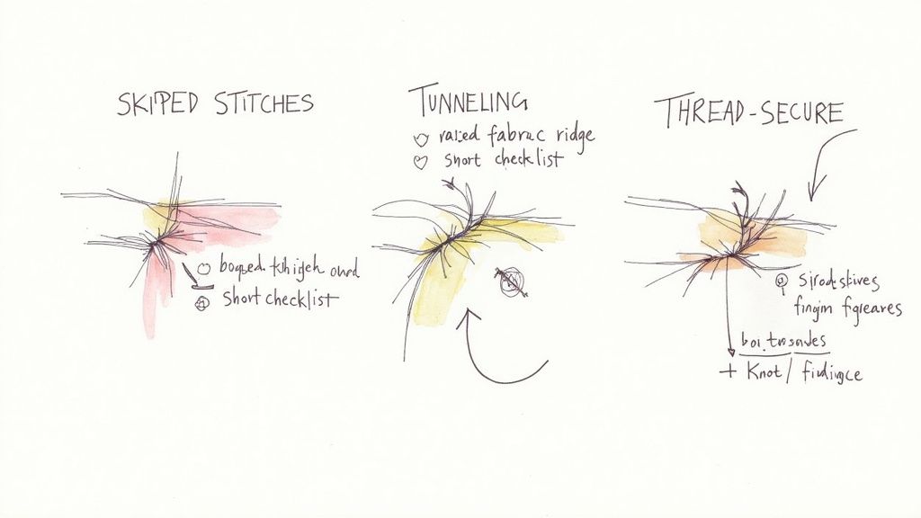 Illustrated guide showing three common serger sewing issues: skipped stitches, tunneling, and thread-secure problems