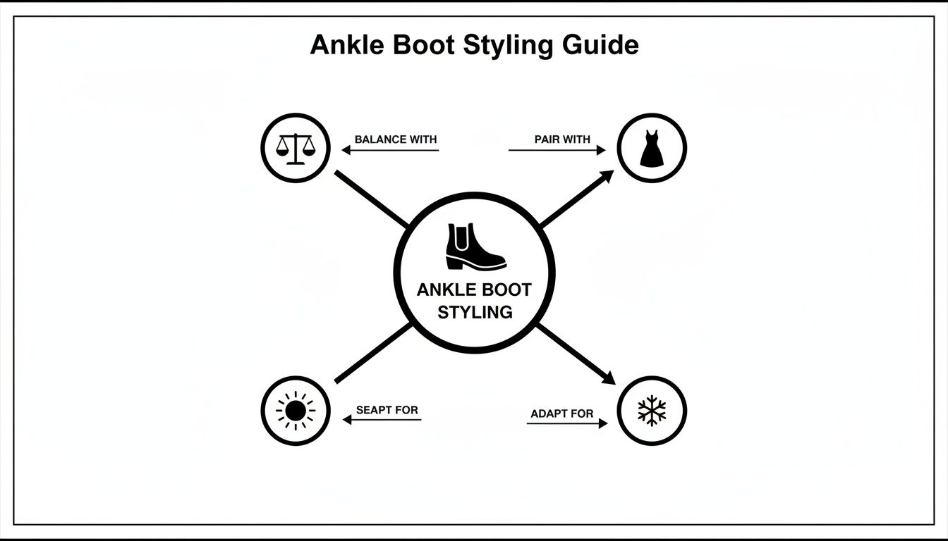 Diagram showing an ankle boot styling guide with tips for pairing, balancing, and adapting for different seasons.