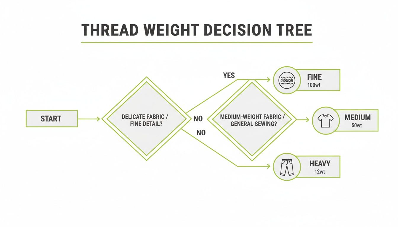 A thread weight decision tree flowchart for sewing, guiding choices for fine, medium, or heavy fabrics.