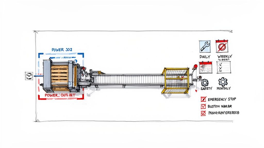 Detailed schematic of an industrial machine, possibly a pallet shrink wrapper, with power connections and maintenance checklists.