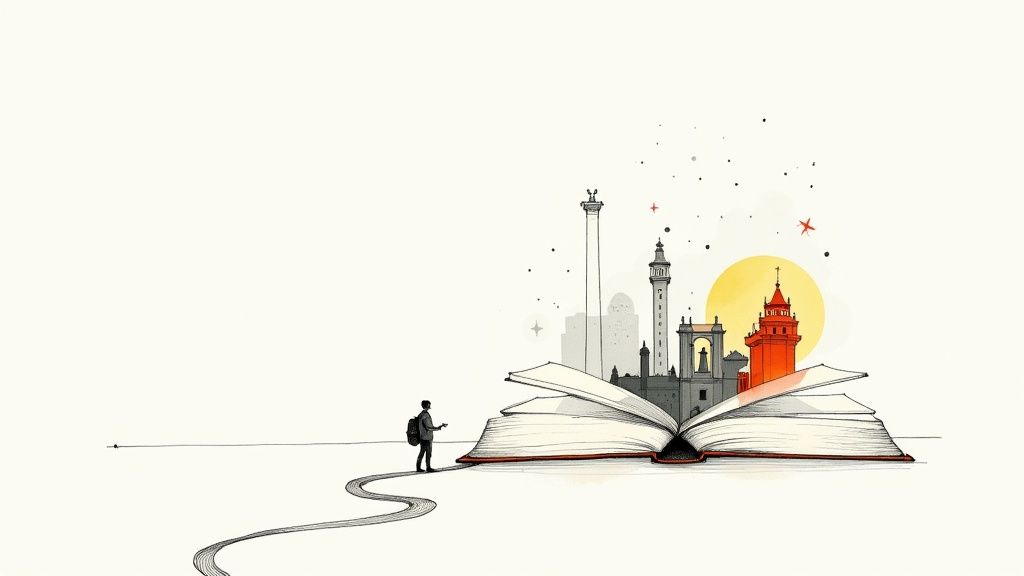 A traveler walks towards an open book revealing a vibrant city of landmarks under a starry sky, symbolizing knowledge and adventure.