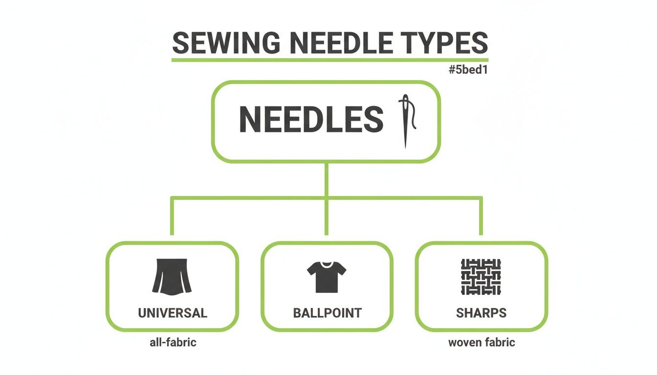 A diagram illustrating three main sewing needle types: Universal, Ballpoint, and Sharps, with their fabric uses.