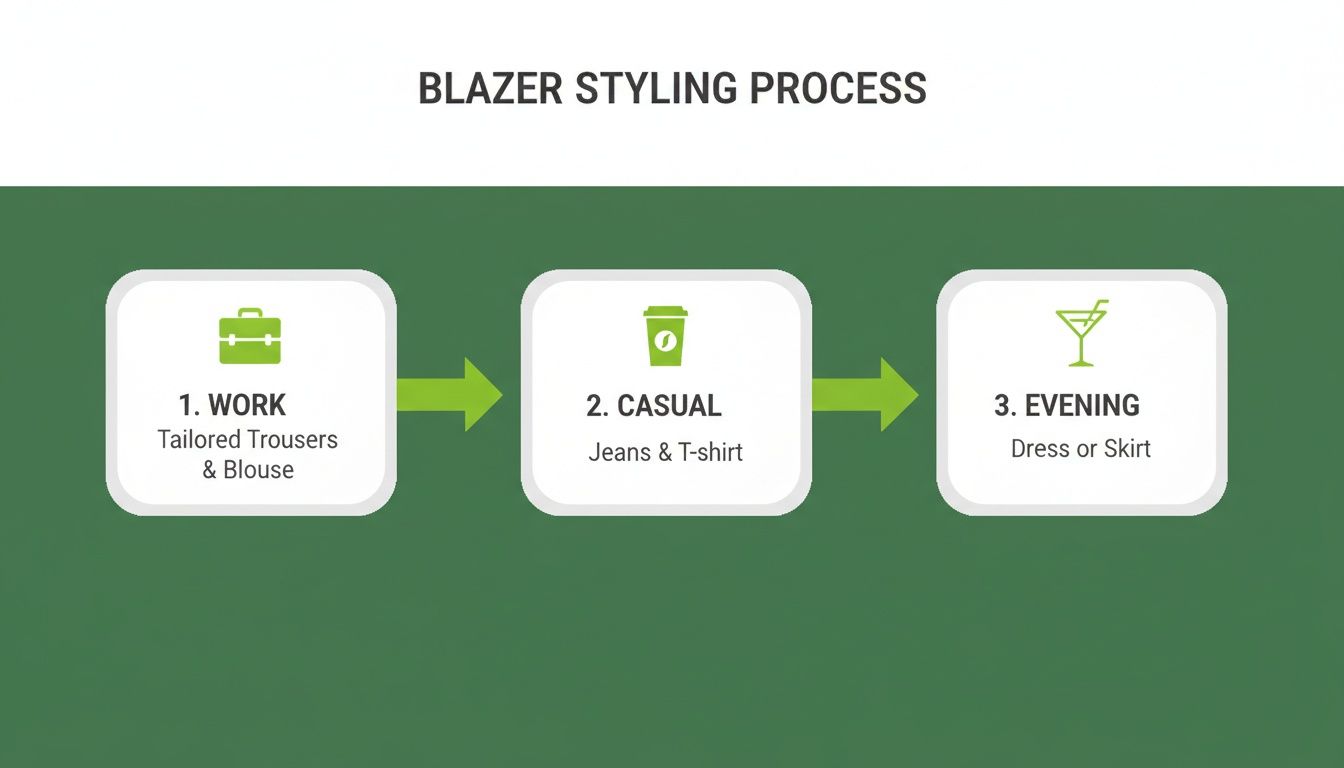 A blazer styling process flowchart showing outfit ideas for work, casual, and evening occasions.