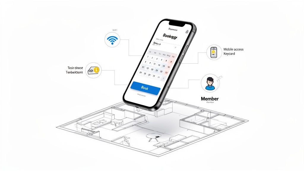 A smartphone with a booking app, connected to WiFi, mobile keycard, member profile, and a floor plan, illustrating smart hotel/rental management.
