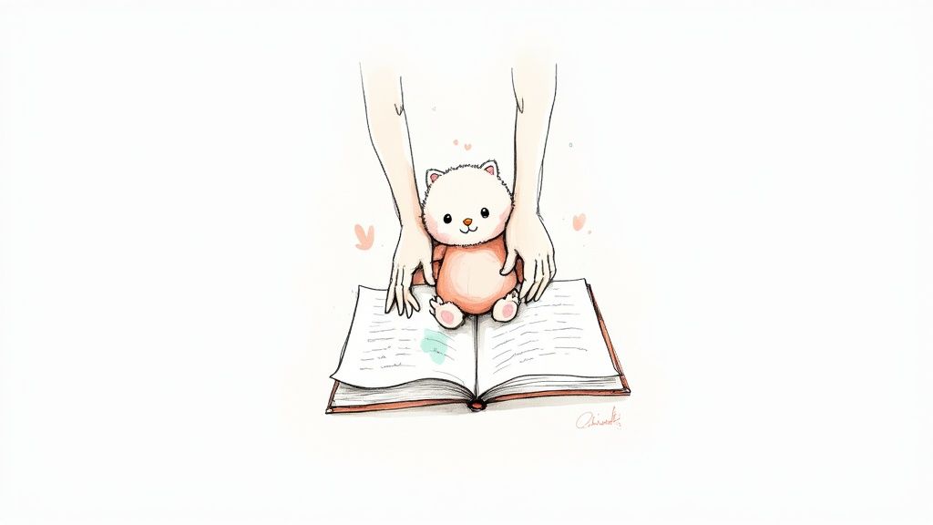 A child reading a book with a Jellycat bunny plush toy next to them.