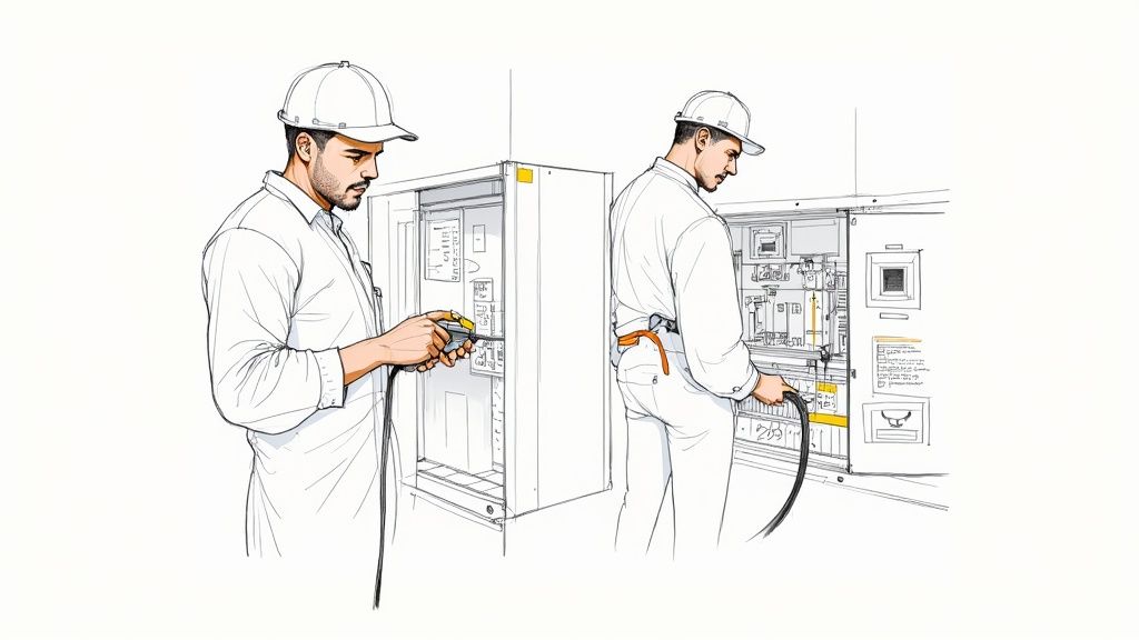 Two electrical technicians in hard hats performing maintenance work on motor control center panels