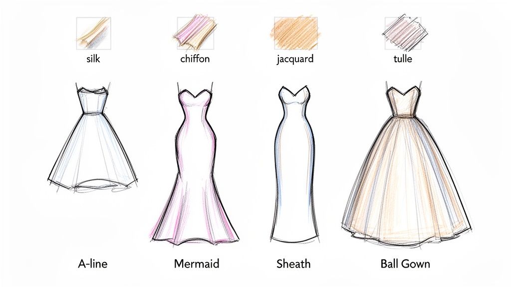 Fashion illustrations showcasing different fabric textures and popular dress silhouettes for various occasions.