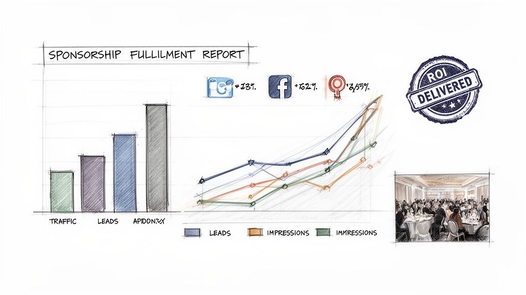 A hand-drawn sponsorship fulfillment report showing charts, social media growth metrics, a 'ROI DELIVERED' stamp, and an event illustration.