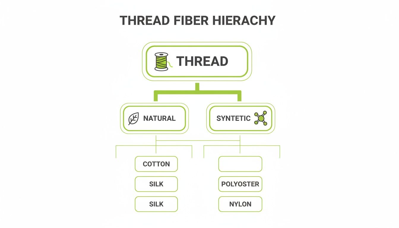 A diagram illustrating the thread fiber hierarchy, categorizing threads into natural (cotton, silk) and synthetic (polyester, nylon) types.