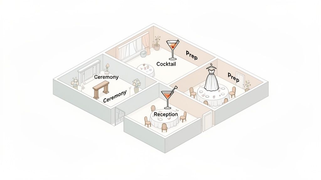 Wedding venue floor plan showing dedicated spaces for ceremony, cocktail hour, reception, and preparation.