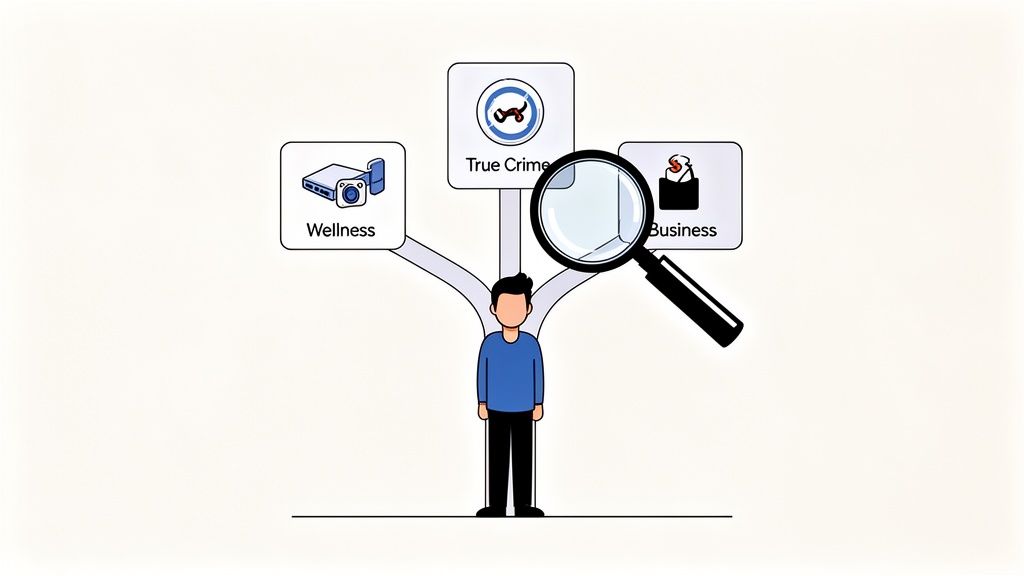 A person stands at a crossroads, choosing between podcast topics like Wellness, True Crime, and Business.