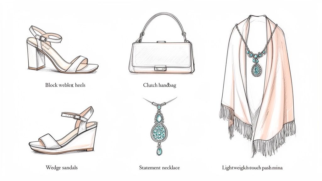 Illustrations of spring wedding guest accessories: block heels, wedge sandals, clutch, pashmina, and statement necklace.