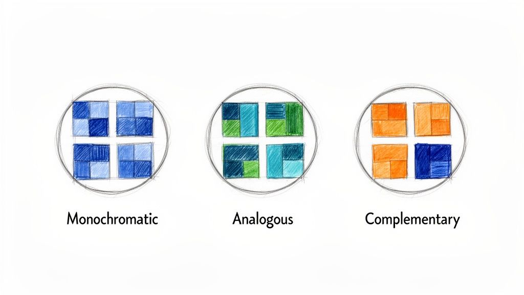 Hand-drawn color theory examples: monochromatic blue, analogous, and complementary color schemes.