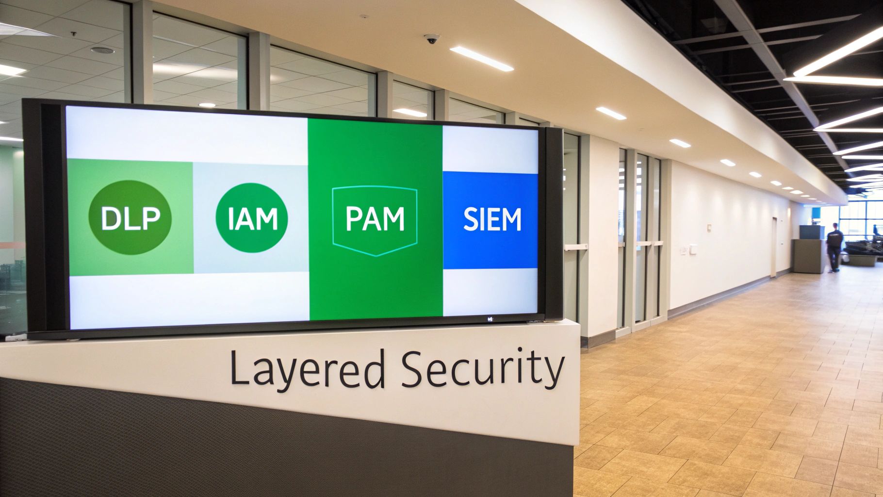 Large screen displaying security acronyms DLP, IAM, PAM, SIEM and "Layered Security" in a modern office environment.